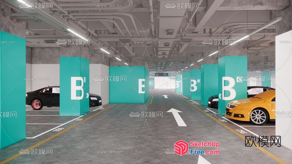 Modern Garage Interior With Yellow And Black Cars 3D SketchUp File