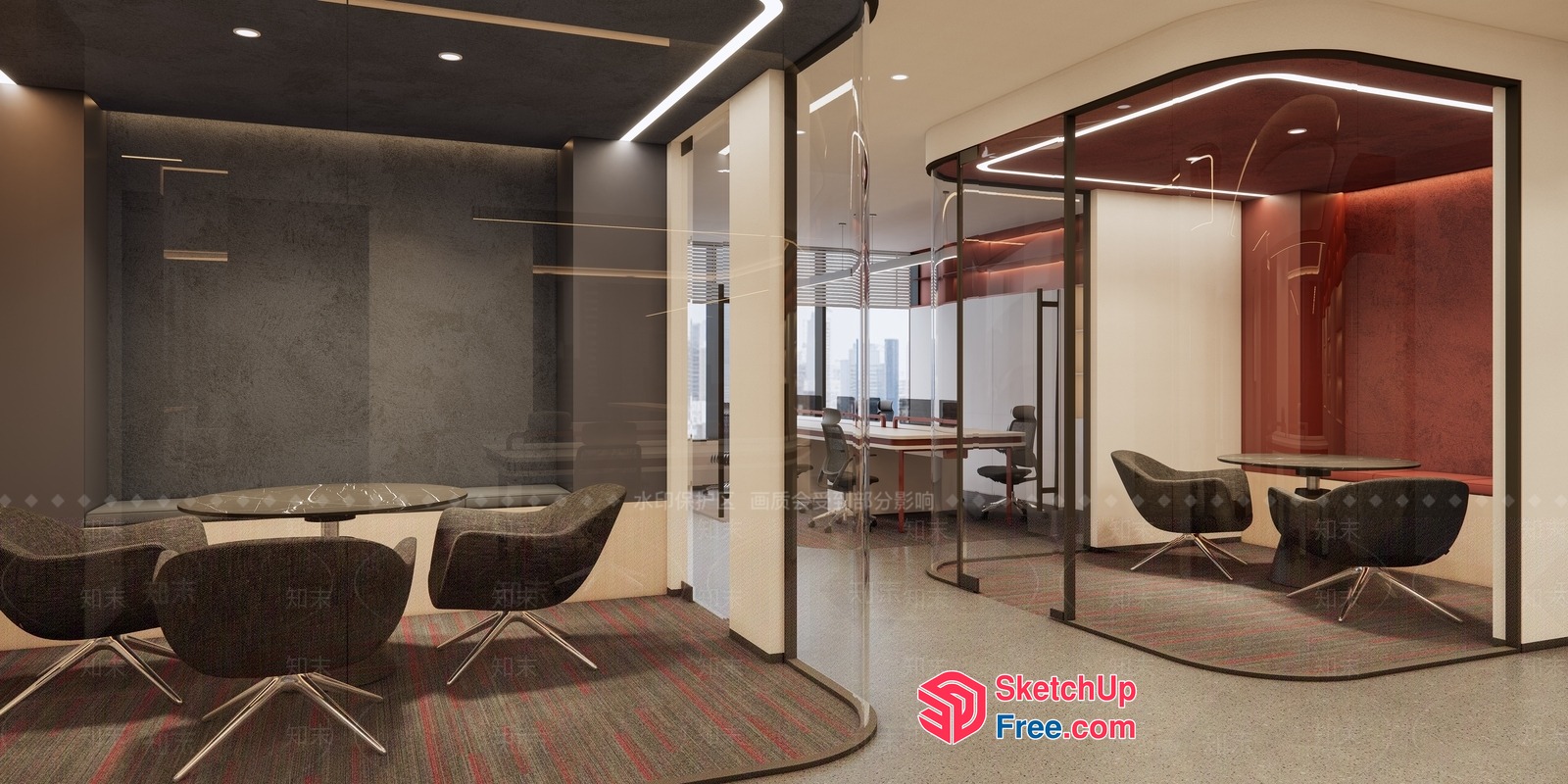 Modern Office Space With Glass Walls And Curved Furniture 3D SketchUp File