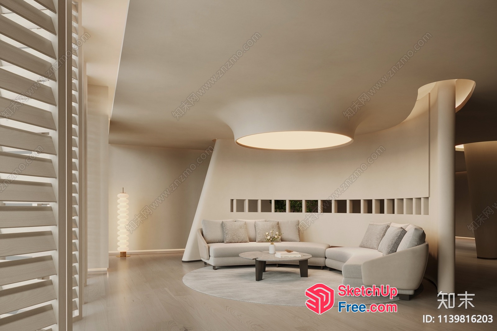 Minimalist Modern Living Room With Sleek Pillars And Circular Ceiling 3D SketchUp File