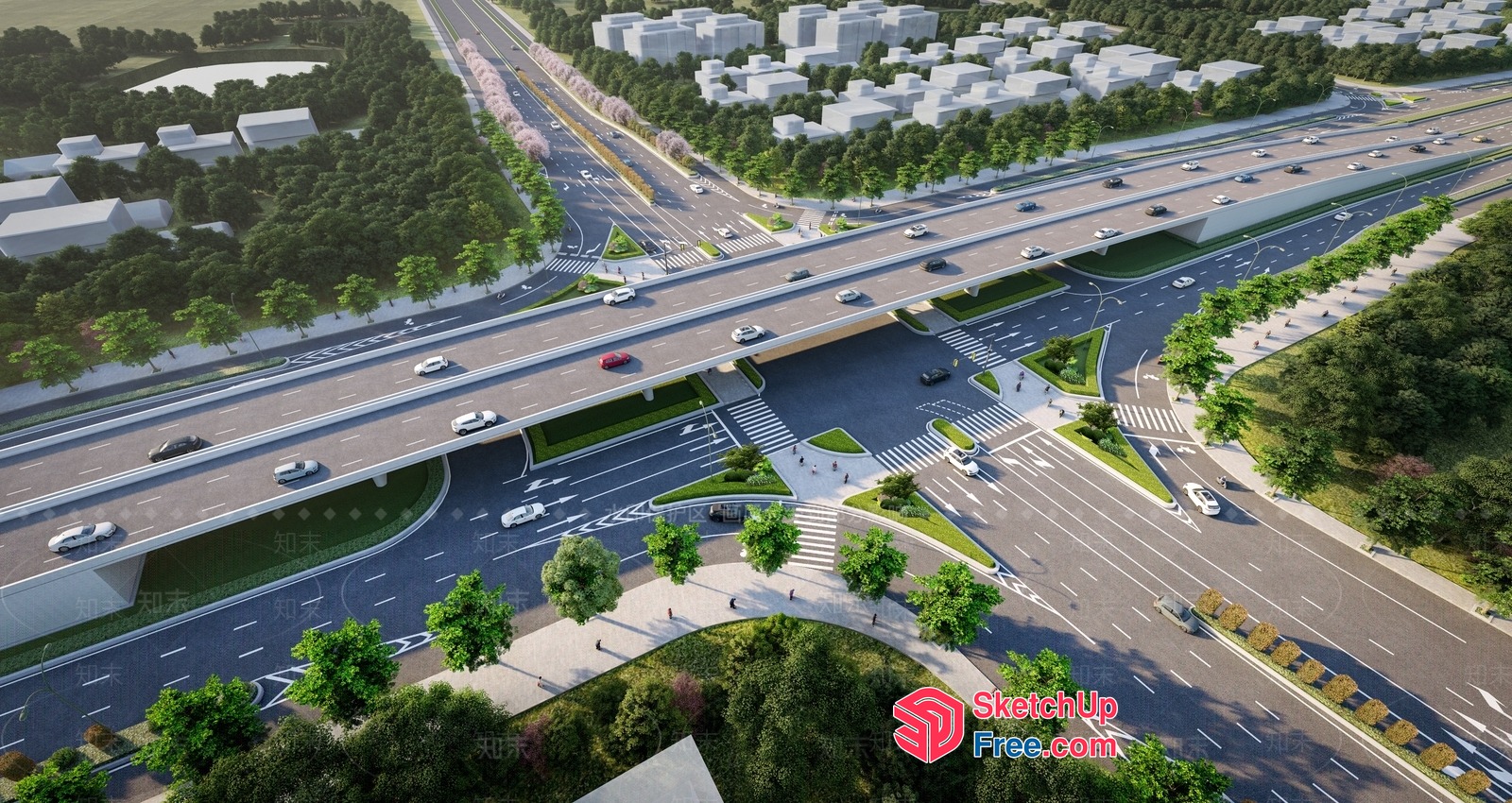 Urban Highway Overpass With Pedestrian Crossing 3D SketchUp File