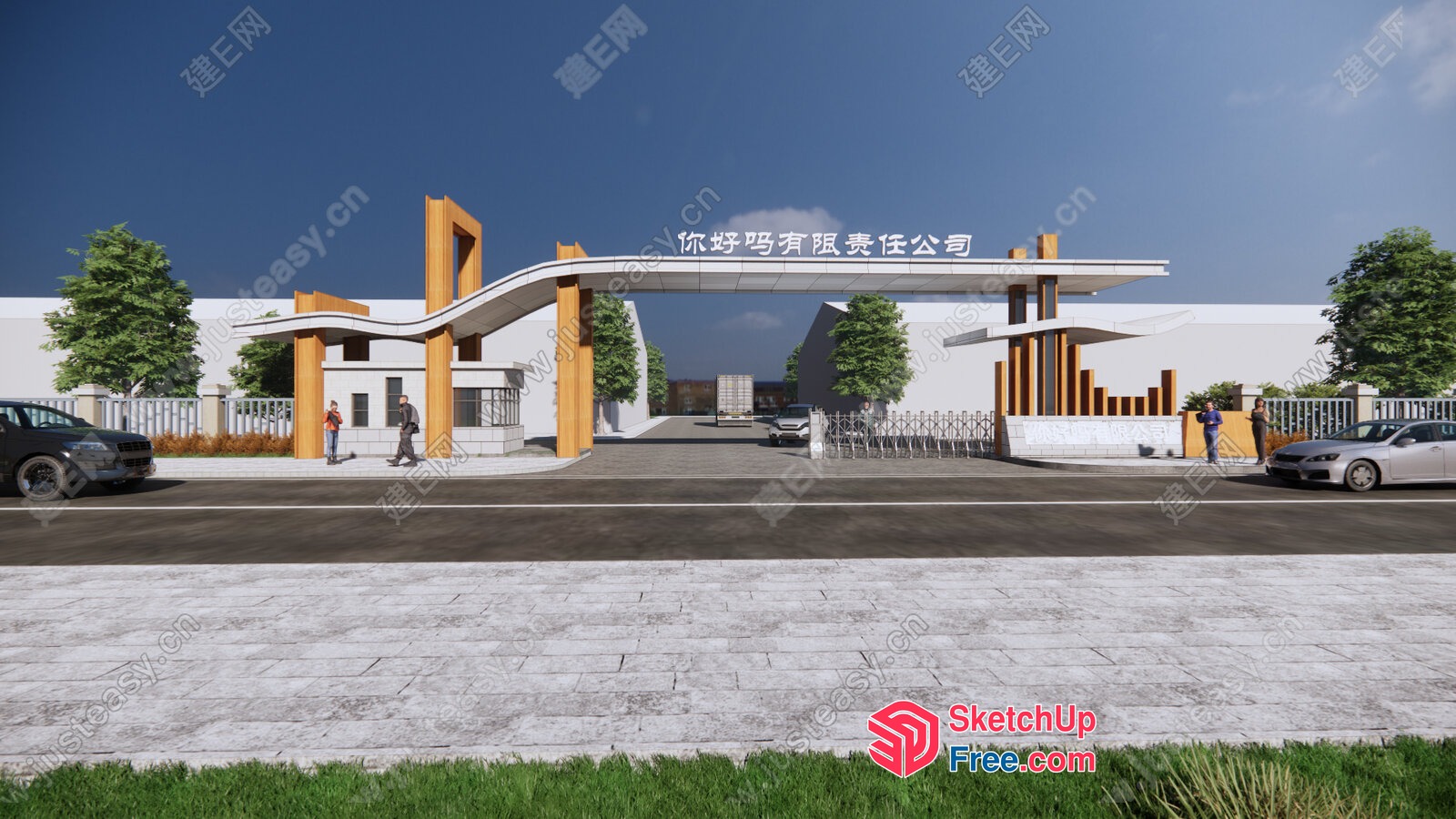 Modern Entrance With Pillars And Car Park 3D SketchUp File