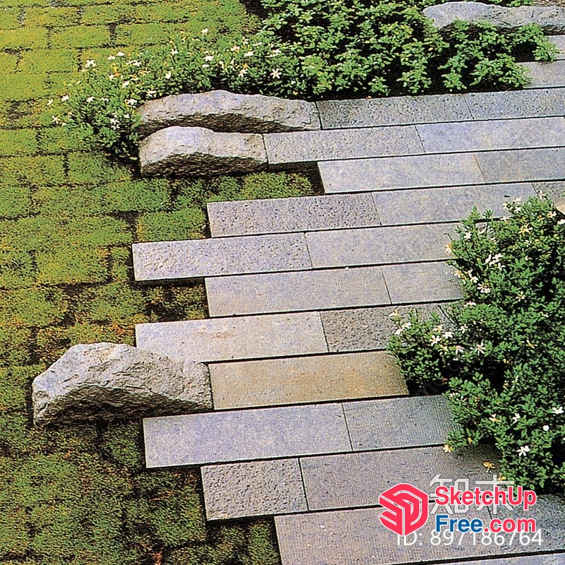 Japanese Style Staircase With Natural Stone And Plants 3D SketchUp File