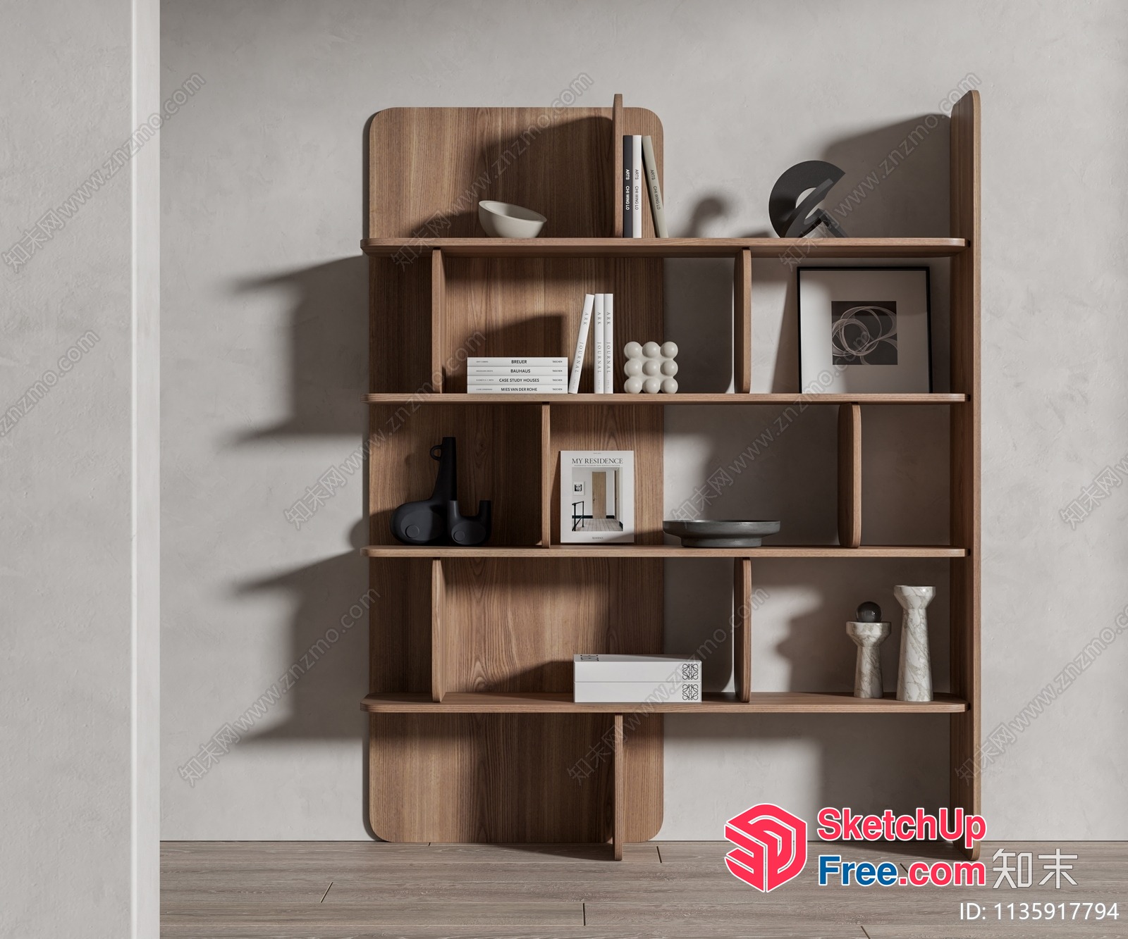 Modern Wooden Shelving Unit With Decorative Items 3D SketchUp File