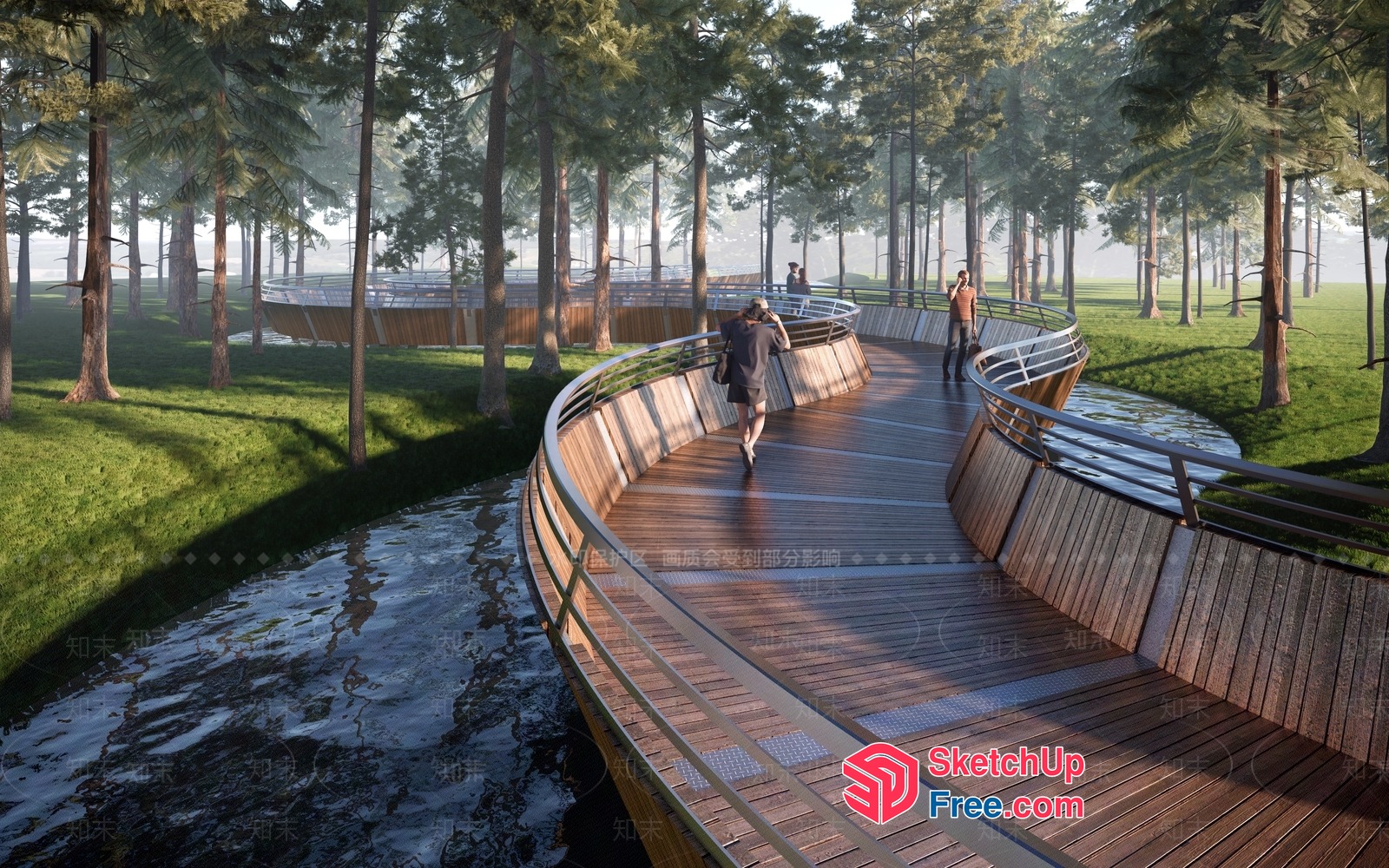 Serpentine Wooden Bridge Over Winding River 3D SketchUp File