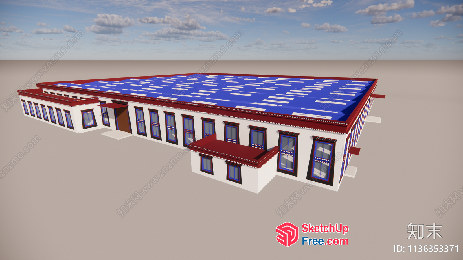 Architectural Rendering Of A Traditional Building With Red And White Facade 3D SketchUp File