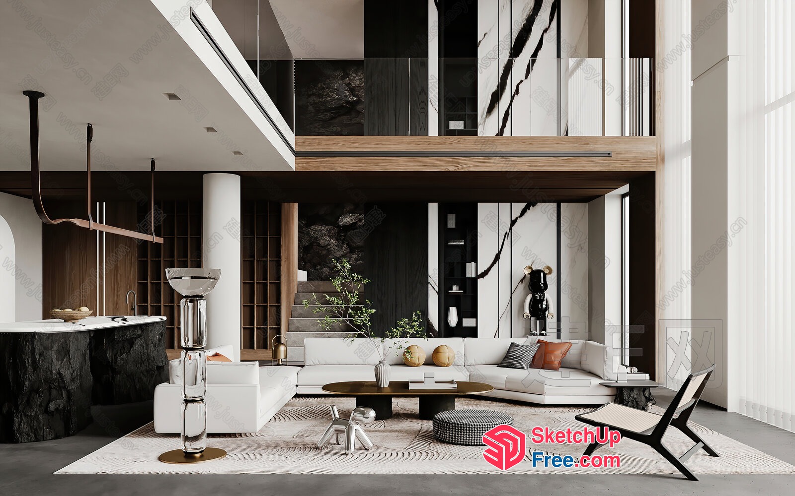 Modern Minimalist Japanese-Style Living Room With High Ceiling 3D SketchUp File