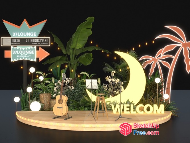 Tropical Oasis Stage With Guitar And Moon Decor 3D SketchUp File