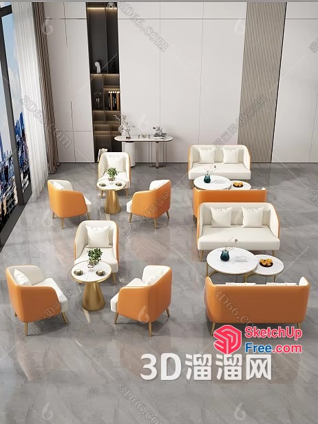 Modern Living Room With White And Orange Furniture 3D SketchUp File