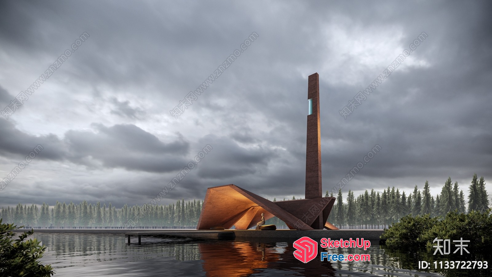 Modern Architecture With Unique Water Feature And Tall Structure 3D SketchUp File