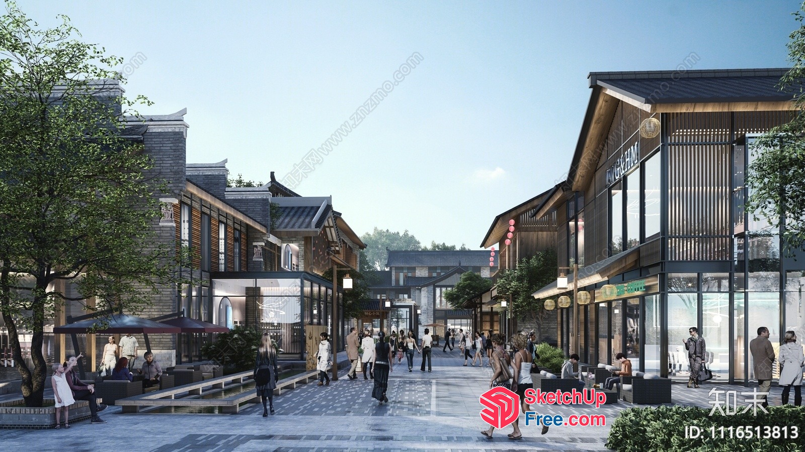 Commercial Street Scene With A Mix Of Traditional And Modern Architecture 3D SketchUp File