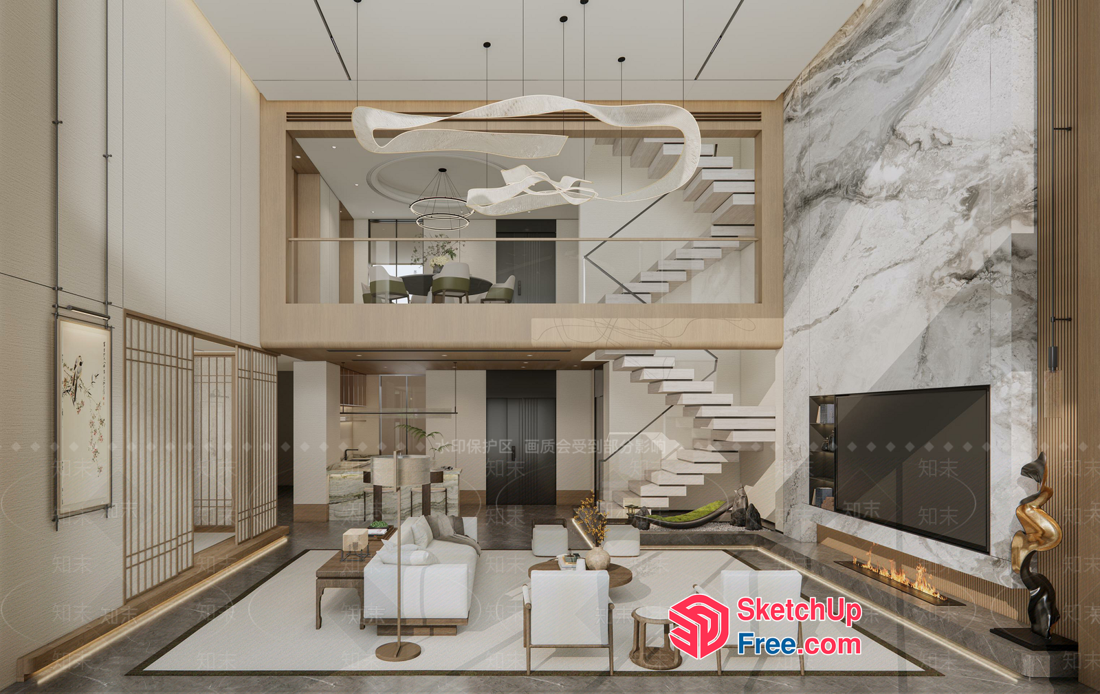 Modern High Ceiling Living Room With Staircase And Fireplace 3D SketchUp File