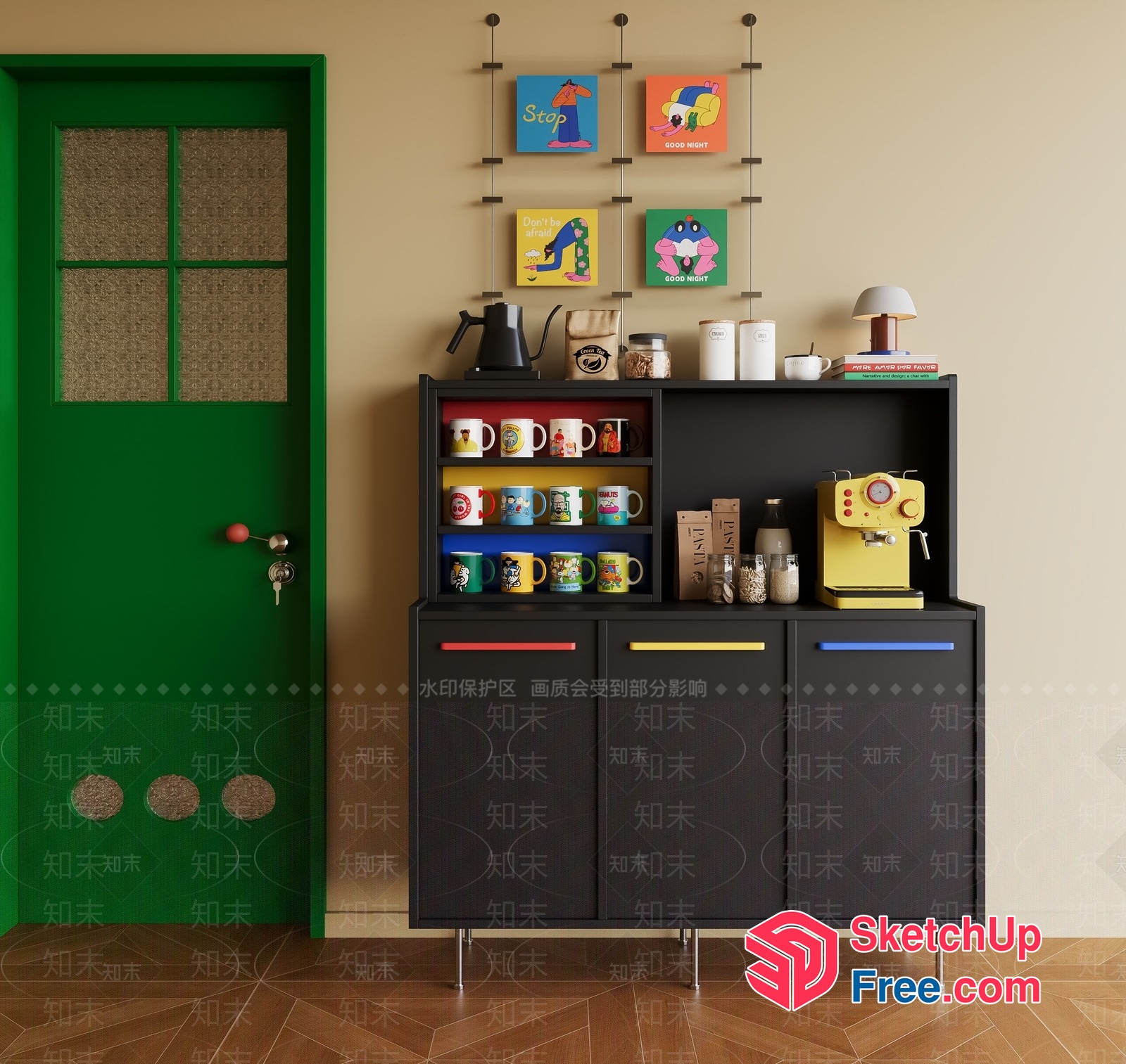 Vibrant Kitchen Decor With Colorful Mugs And Appliances 3D SketchUp File