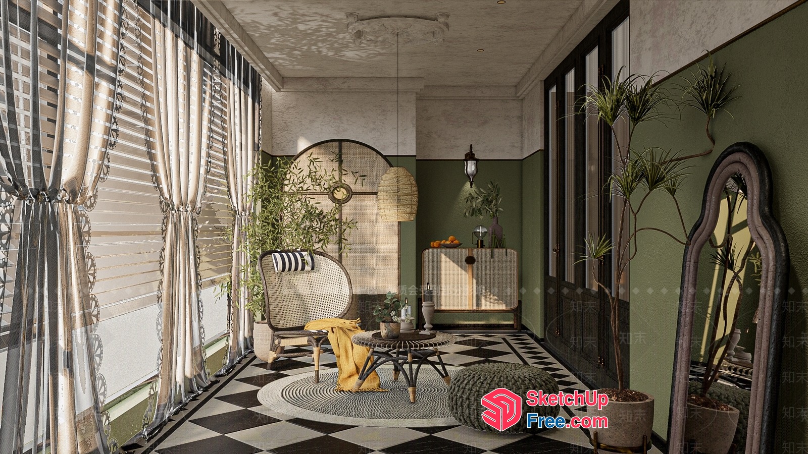 Sunroom With Black And White Checkered Floor 3D SketchUp File