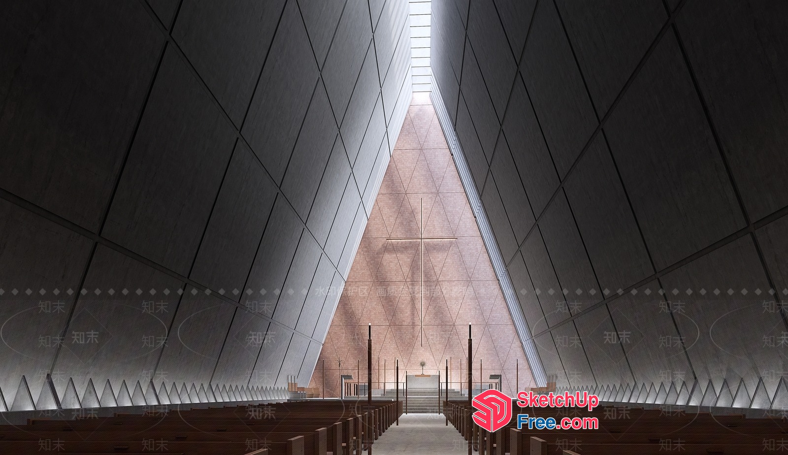 Pyramid-Shaped Interior With Staircase And Pews 3D SketchUp File