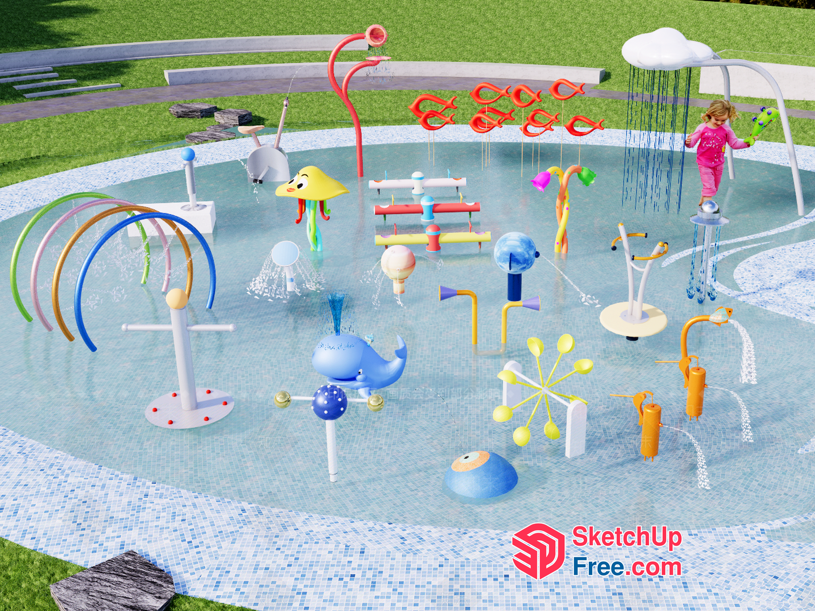 Vibrant Whimsical Water Playground With Colorful Features 3D SketchUp File