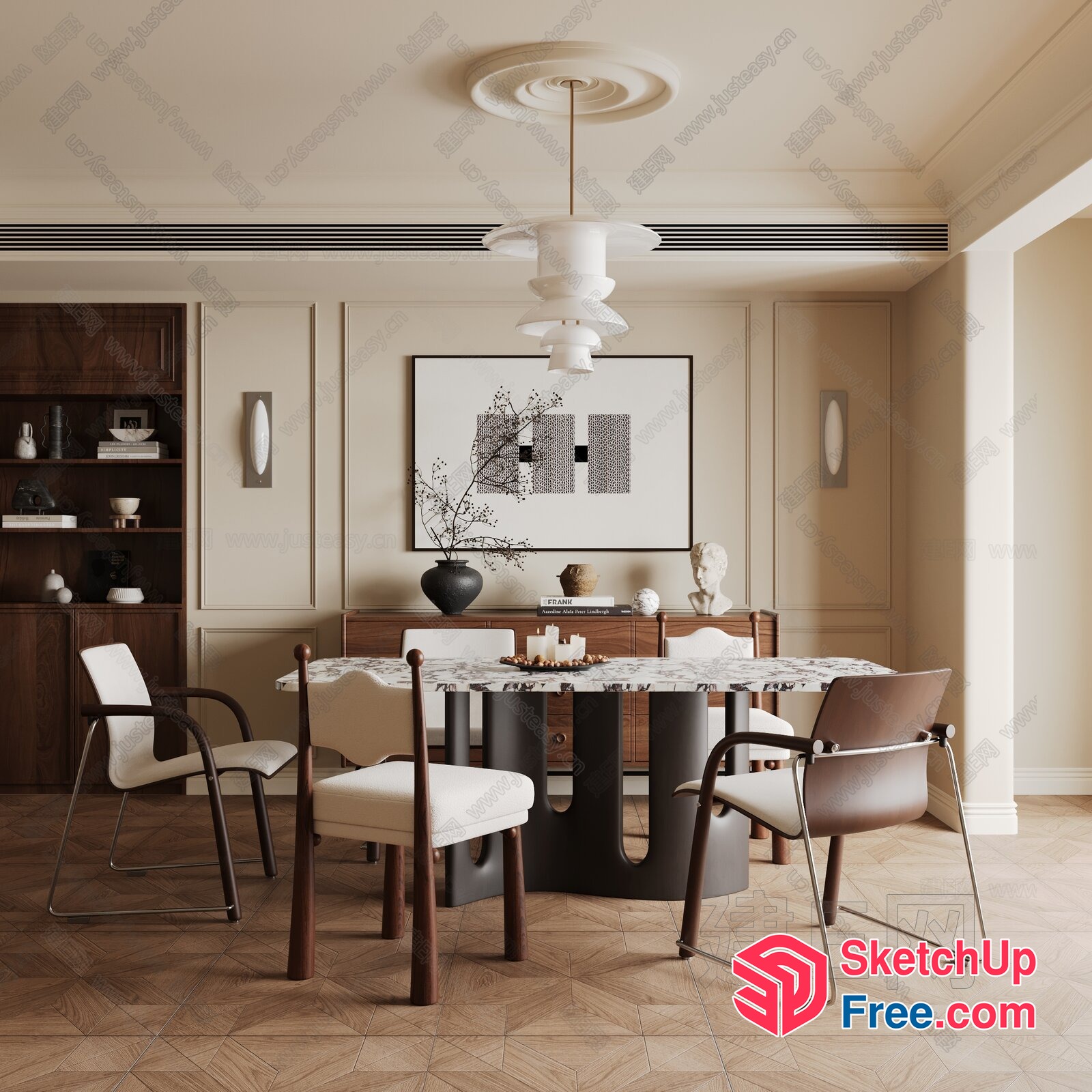 Modern Dining Room With Creamy Style And Classic Moulding 3D SketchUp File