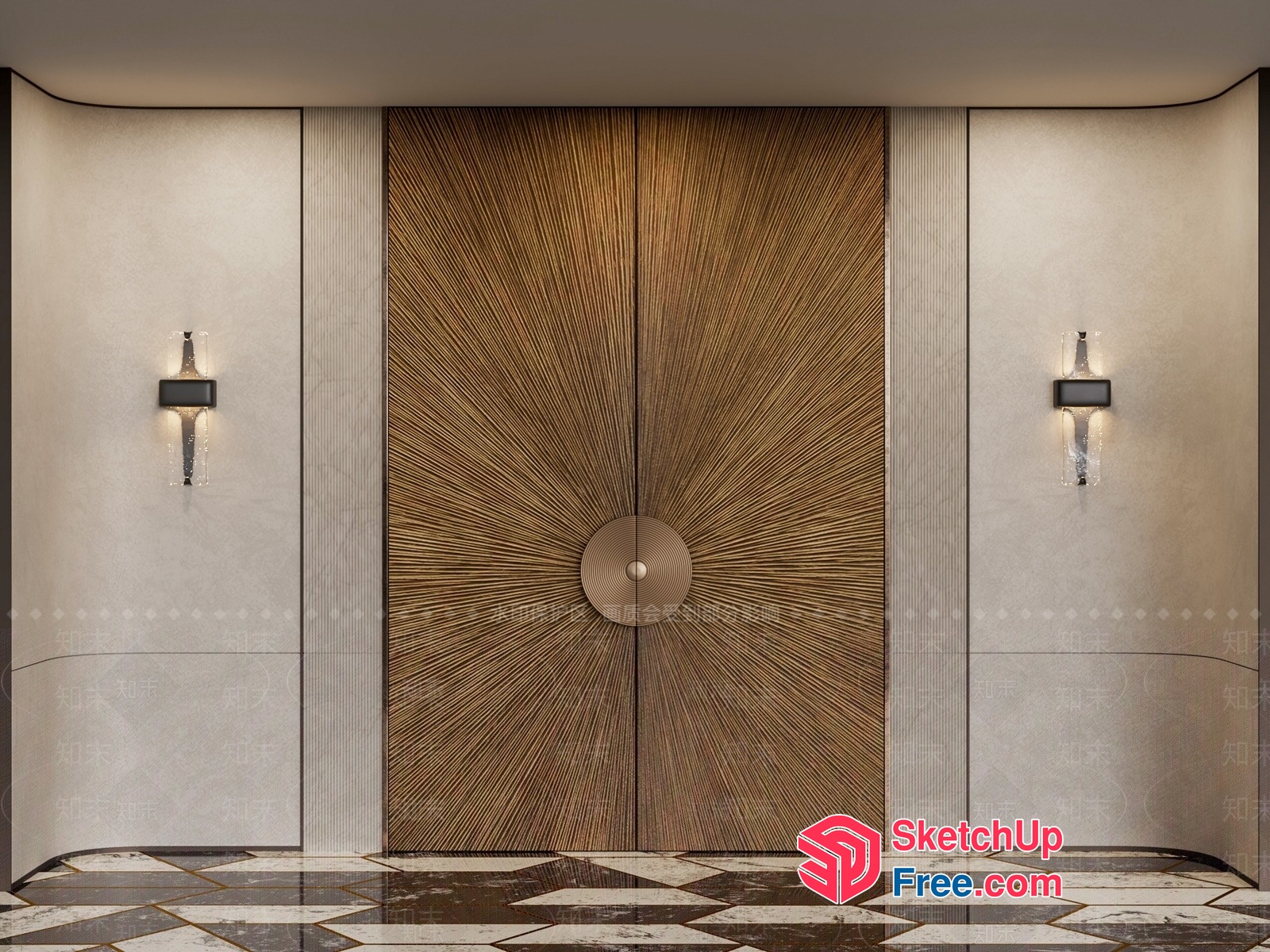 Modern Elevator Interior With Distinctive Sunburst Door Design 3D SketchUp File