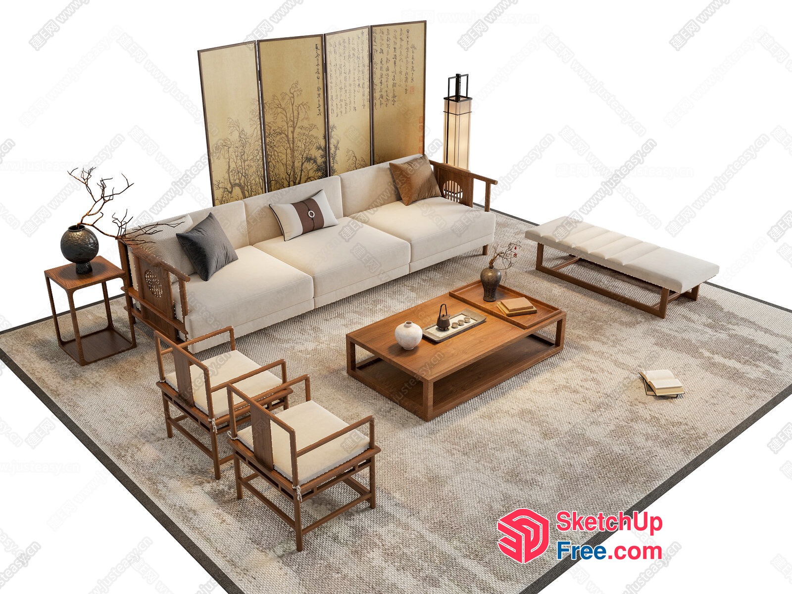 Modern Asian-Inspired Living Room Furniture Set 3D SketchUp File