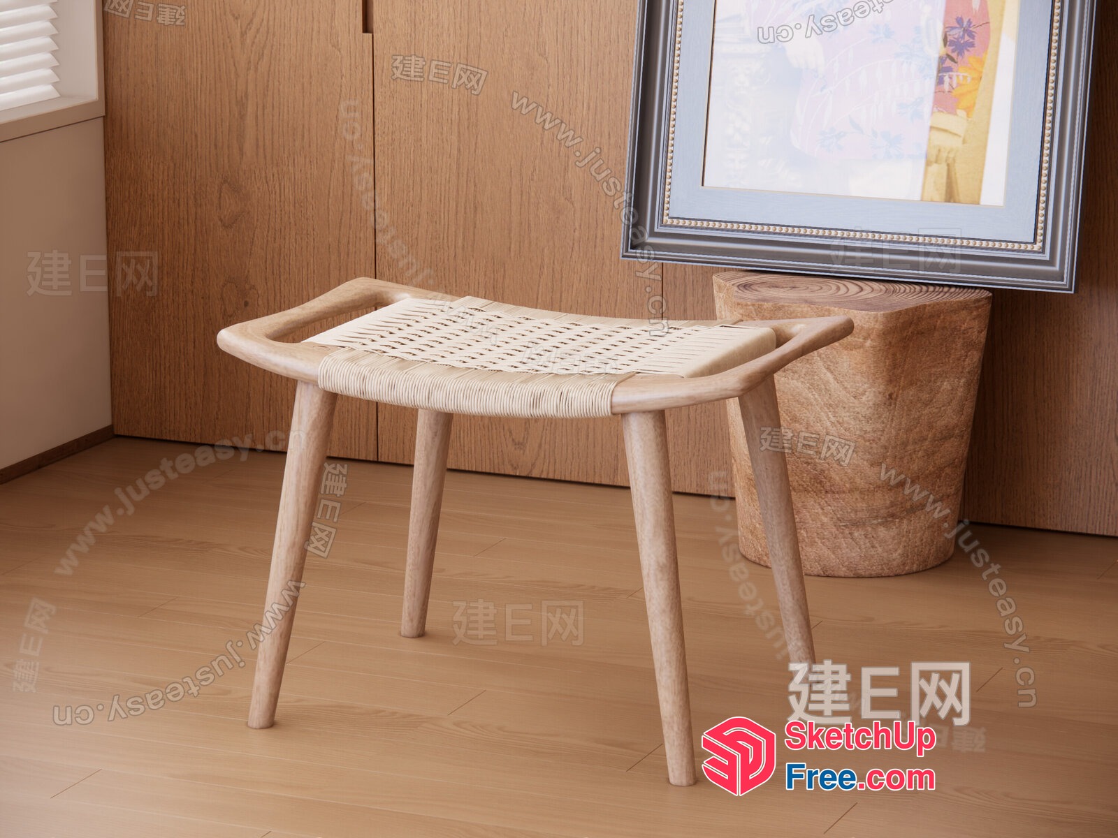 Simple Wooden Bench With Woven Seat 3D SketchUp File