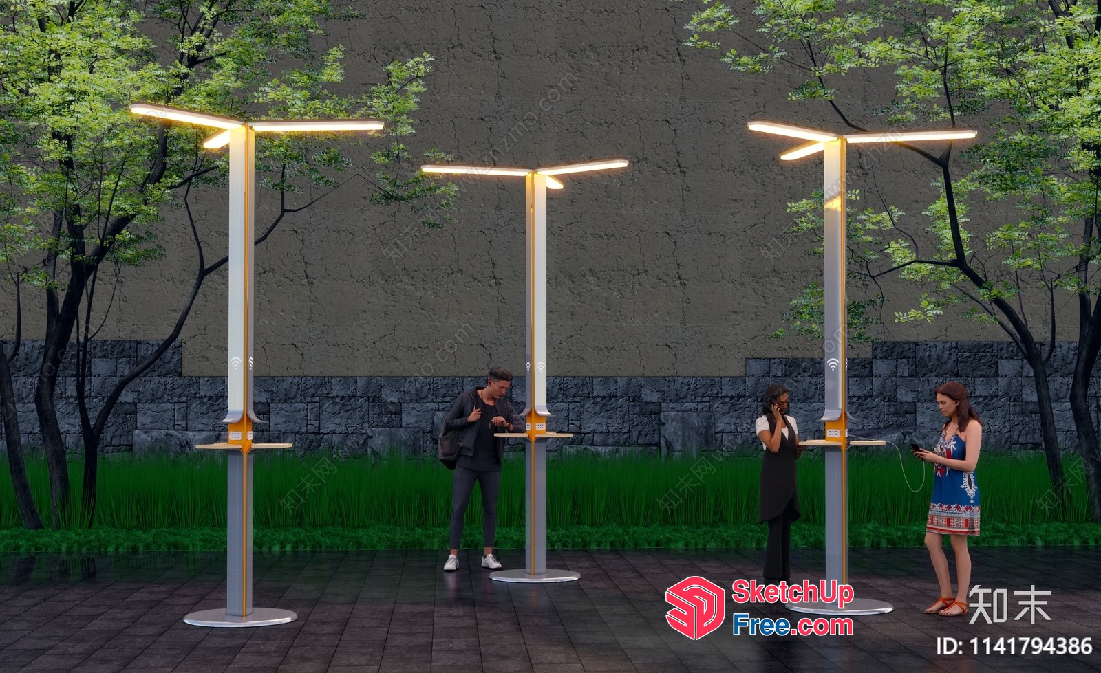 Outdoor Solar-Powered Charging Stations With Modern Lighting 3D SketchUp File