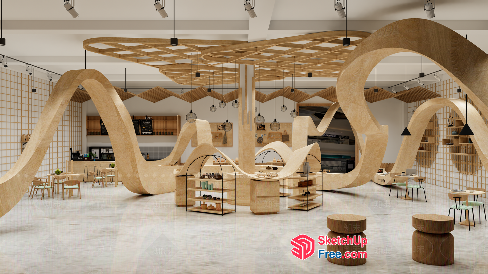 Modern, Natural, Curved Wood Interior Design 3D SketchUp File