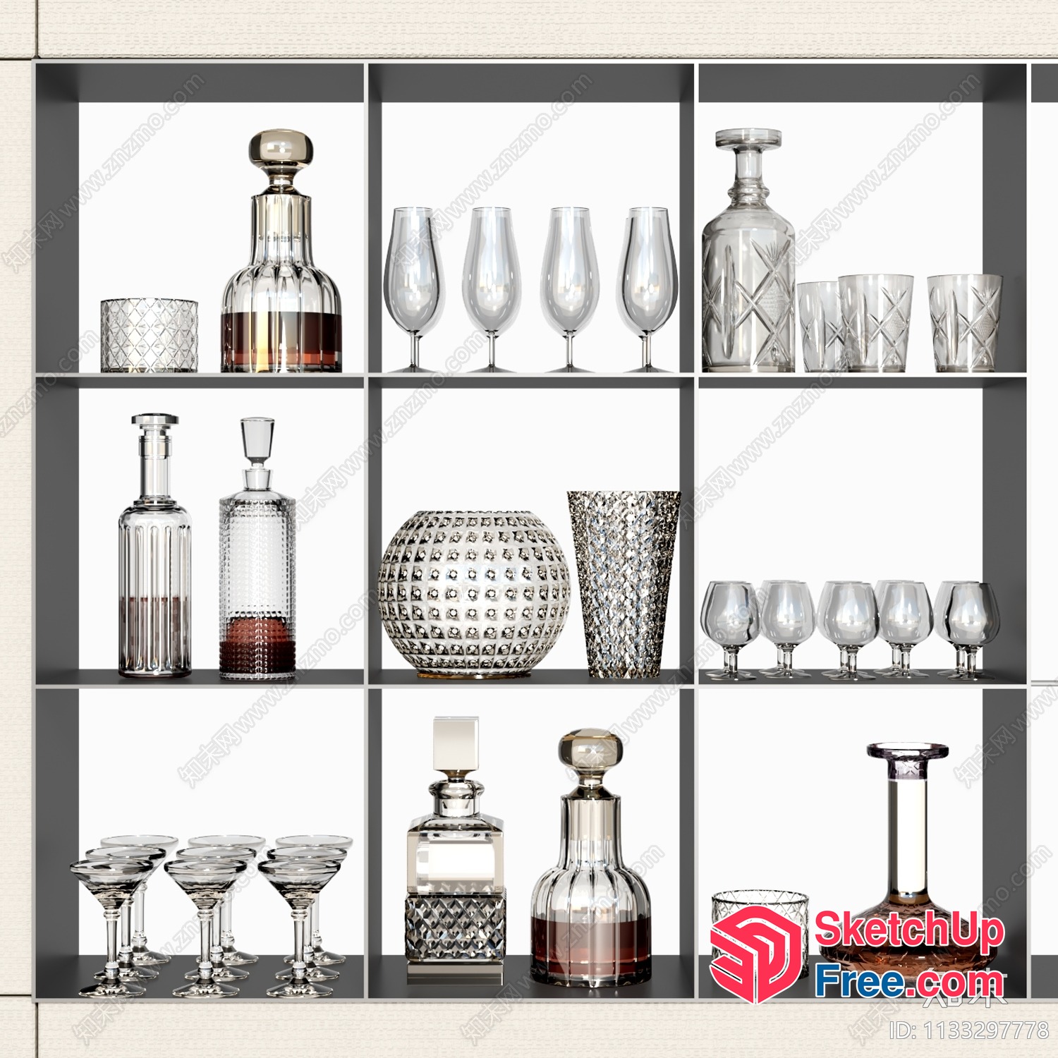 Elegant Glassware Collection On Modern Grey Shelf 3D SketchUp File