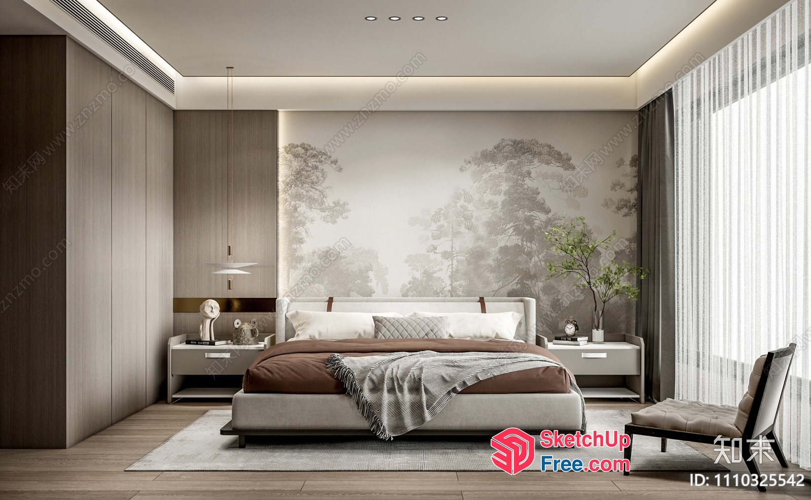 Modern Bedroom Interior With Large Bed And Nightstands 3D SketchUp File