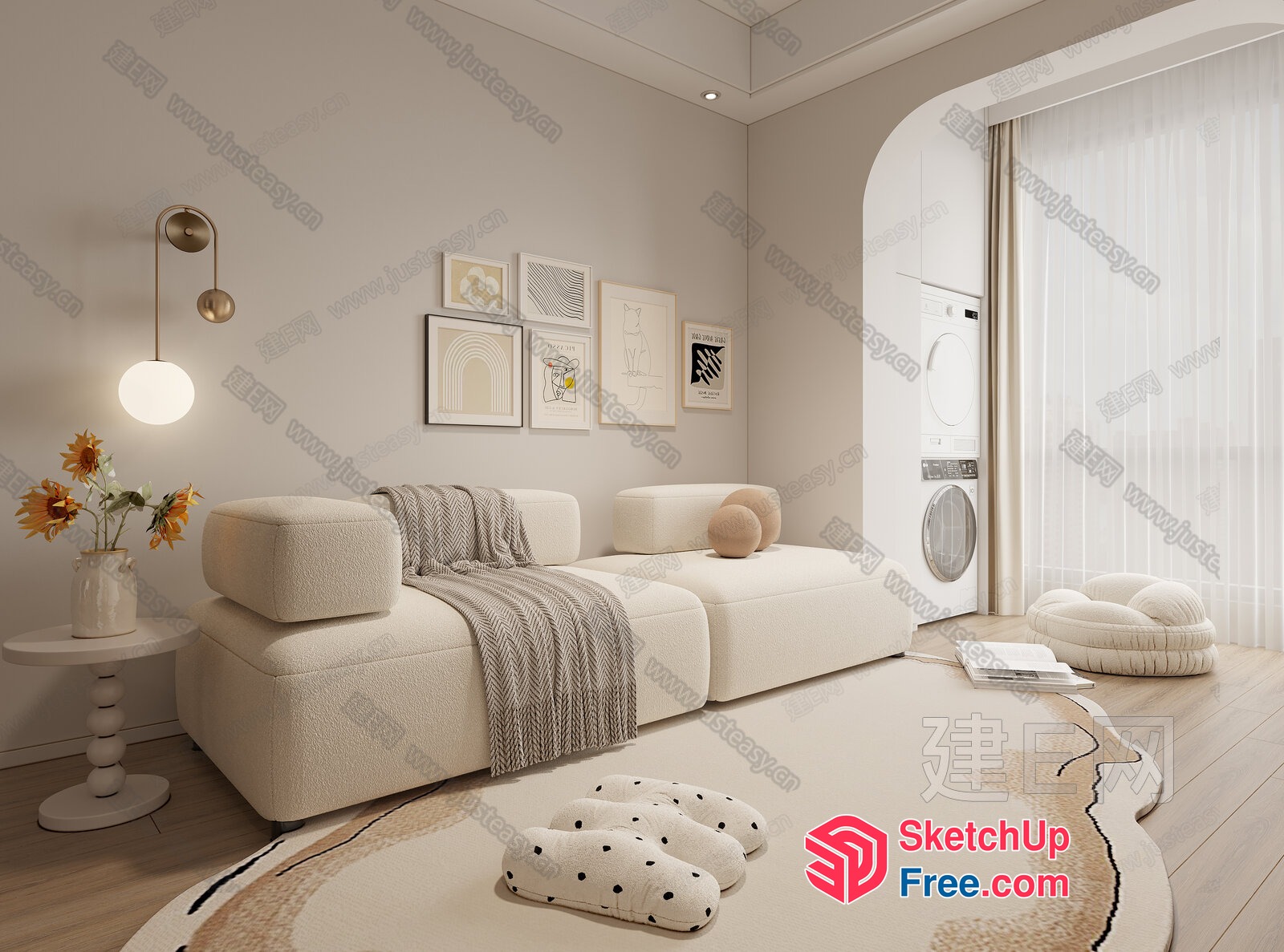 Creamy Style Living Room With Elegant White Furniture 3D SketchUp File
