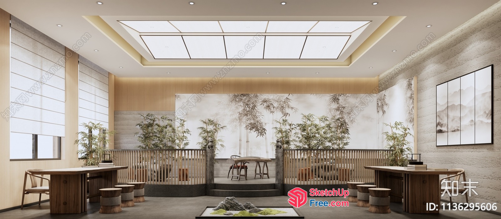 Elegant Japanese-Style Living Room With Skylight And Plants 3D SketchUp File