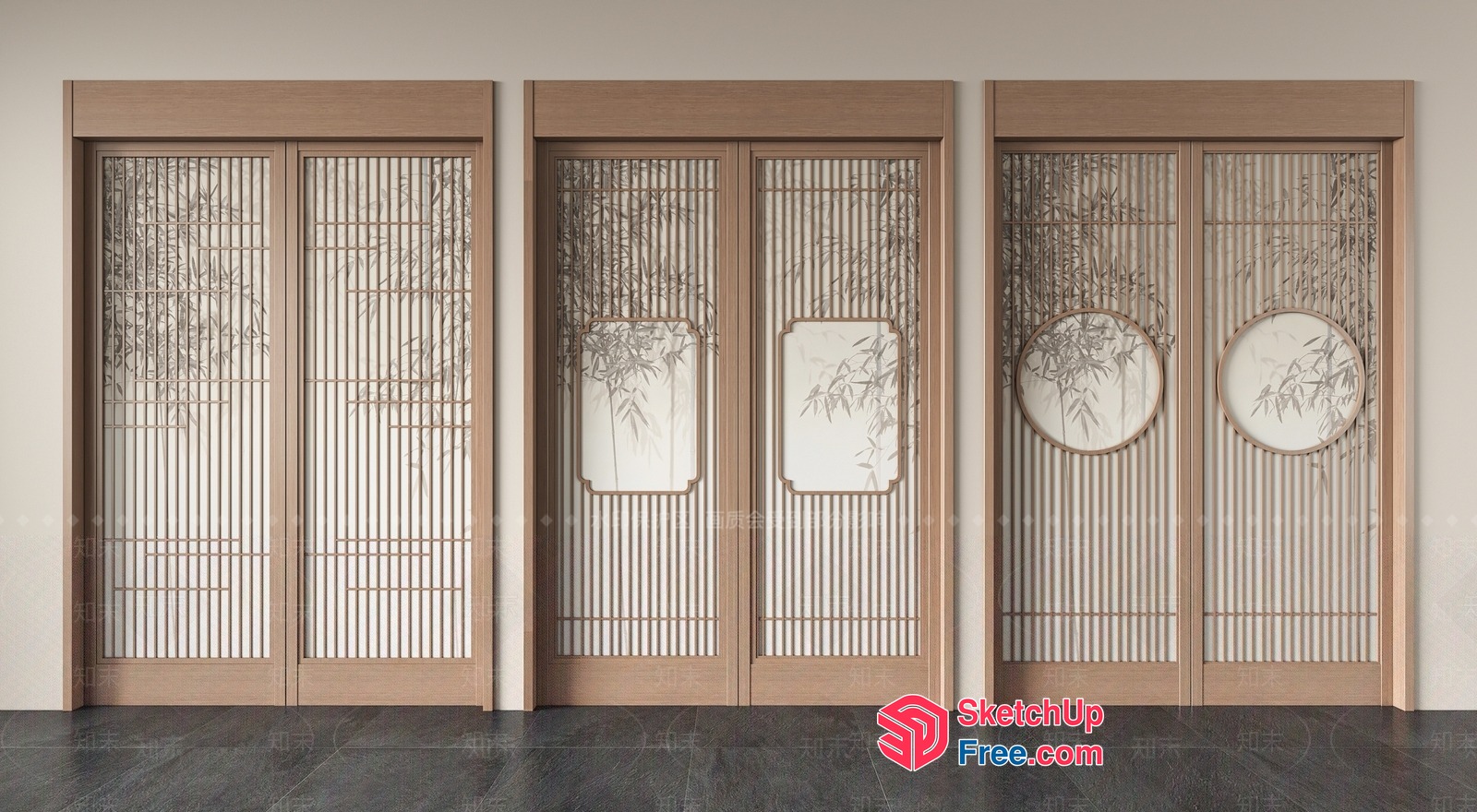 Elegant Asian-Inspired Interior Doors With Bamboo And Leaf Designs 3D SketchUp File