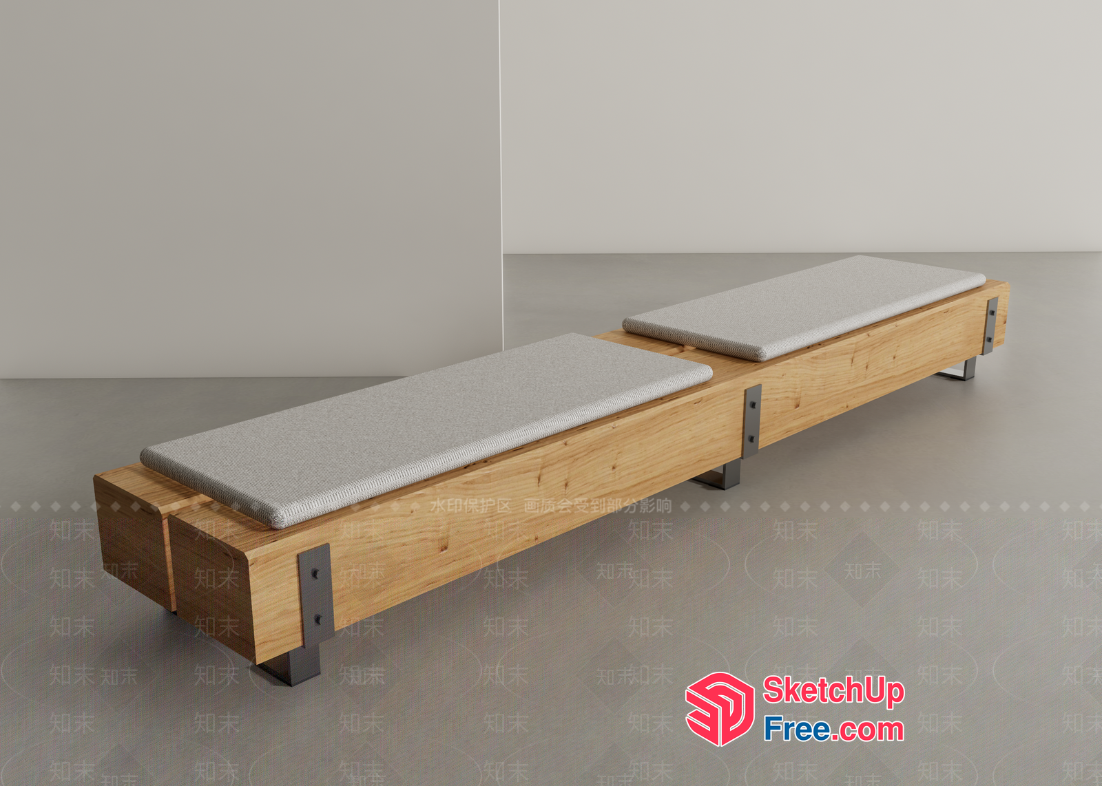 Long Wooden Bench With Gray Cushions 3D SketchUp File