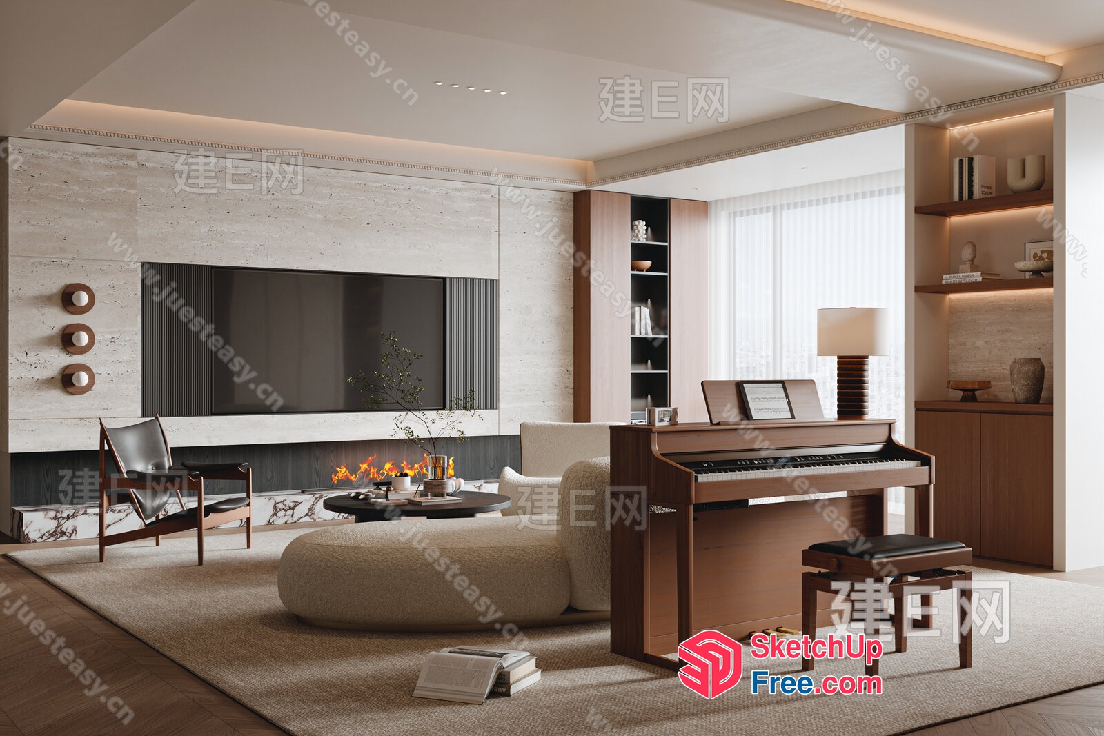 Modern Living Room With Piano And Fireplace 3D SketchUp File