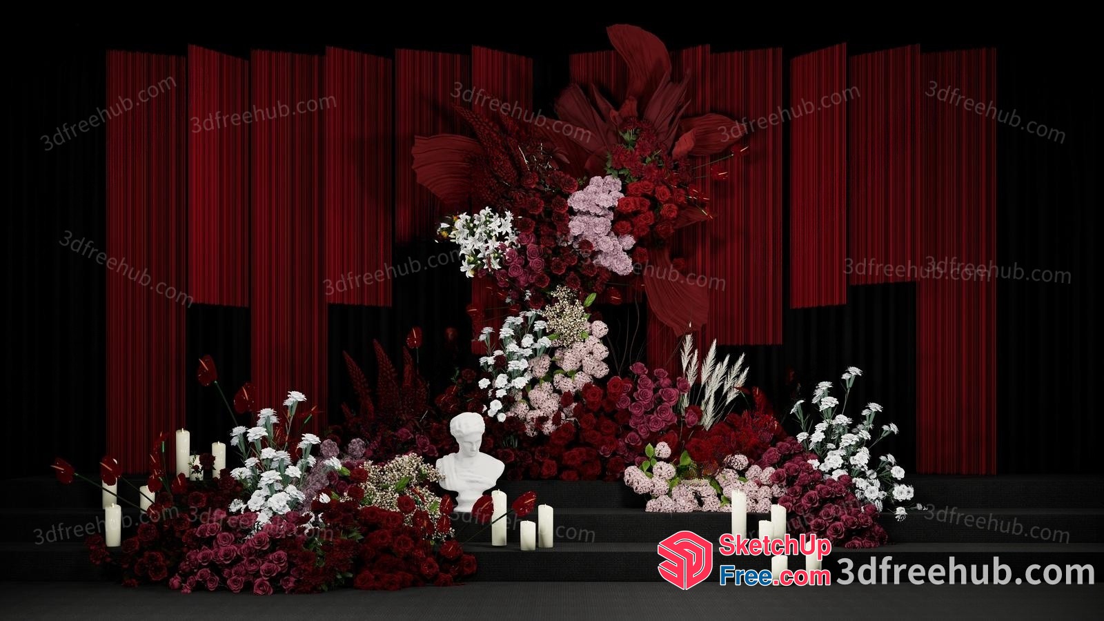 Red And White Flower Arrangement With Red Curtains 3D SketchUp File