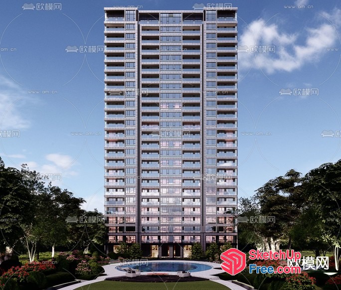 High-Rise Building With Glass Curtain Wall And Lush Greenery 3D SketchUp File