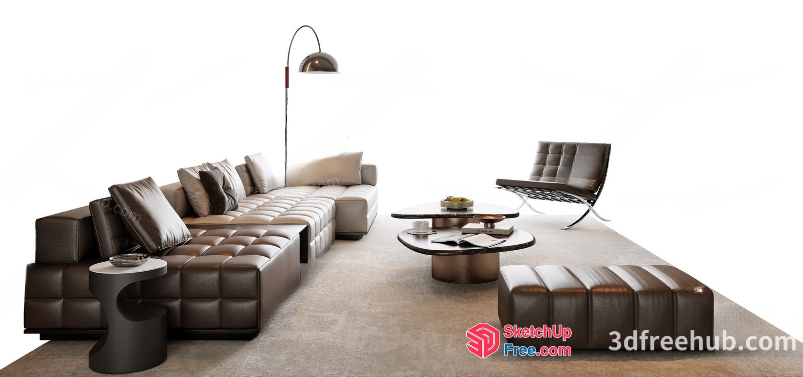 Elegant Modern Living Room With Brown Leather Furniture 3D SketchUp File