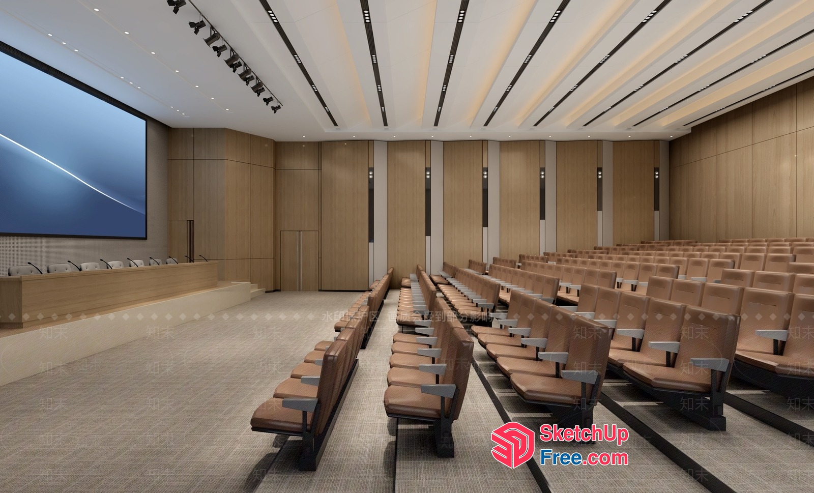 Modern Conference Room With Long Benches And Large Screen 3D SketchUp File