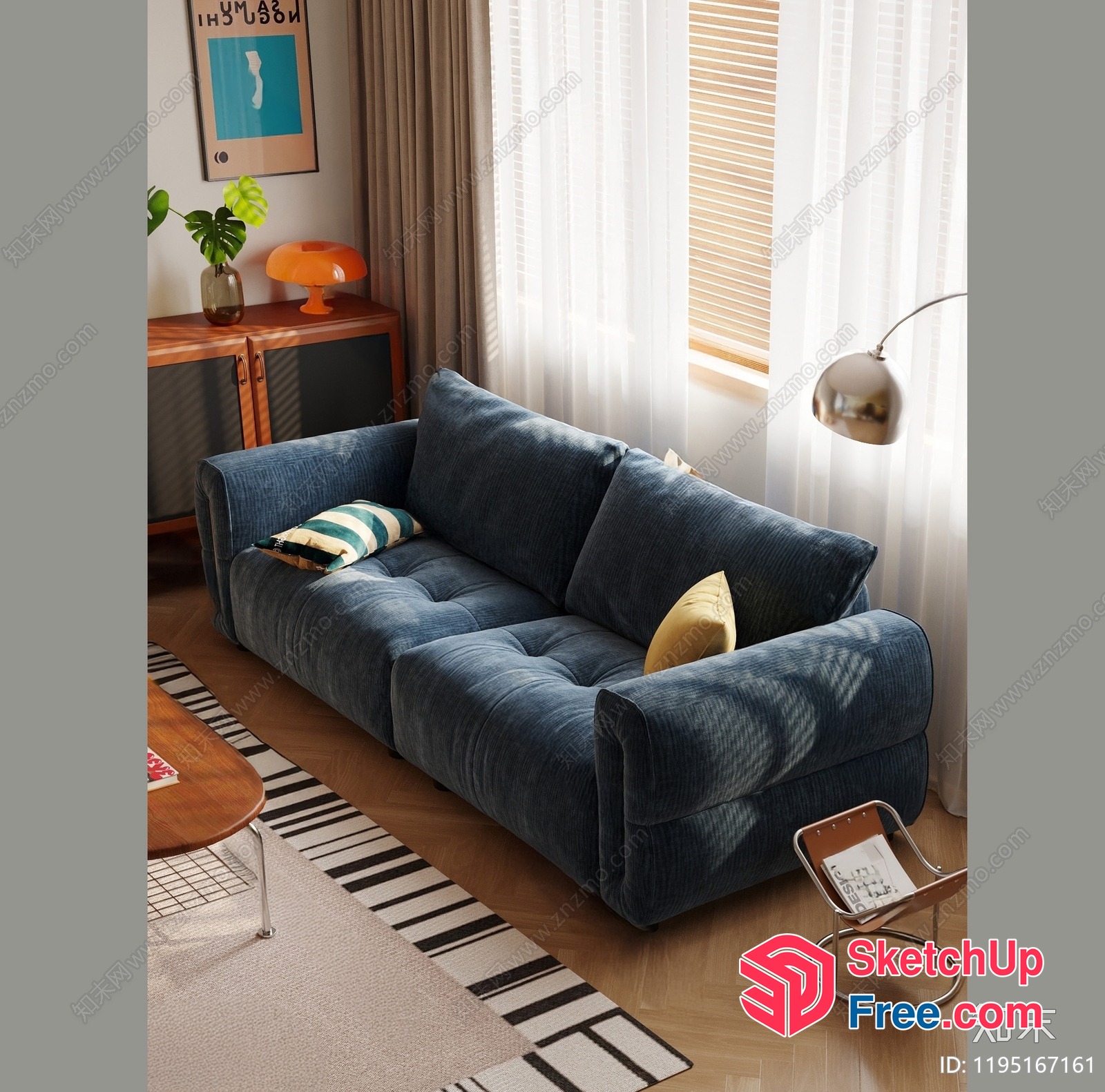 Modern Living Room With Blue Sofa And Natural Light 3D SketchUp File