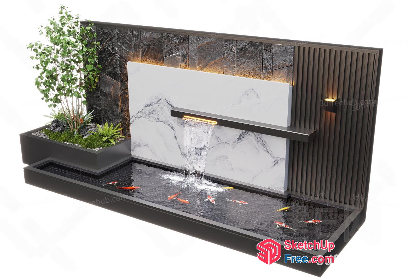 Modern Koi Pond Waterfall Design 3D SketchUp File