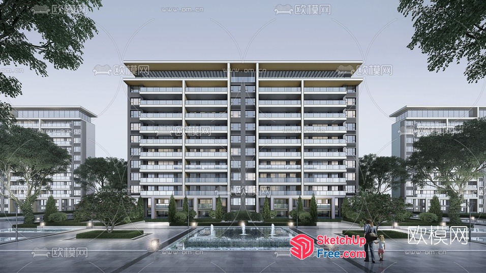 Modern Apartment Building With Elegant Courtyard And Water Feature 3D SketchUp File