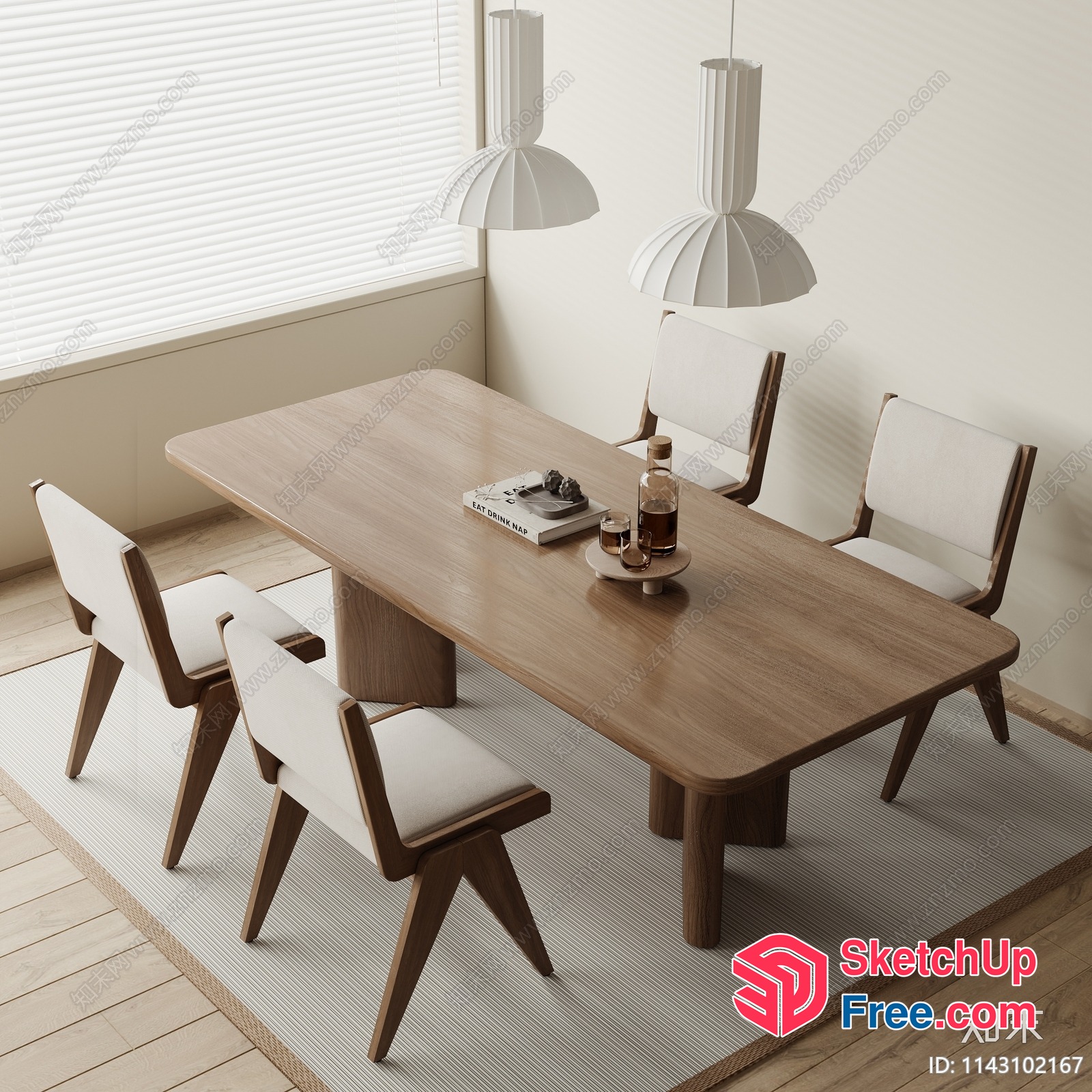 Modern Minimalist Dining Room With Wooden Table And White Chairs 3D SketchUp File