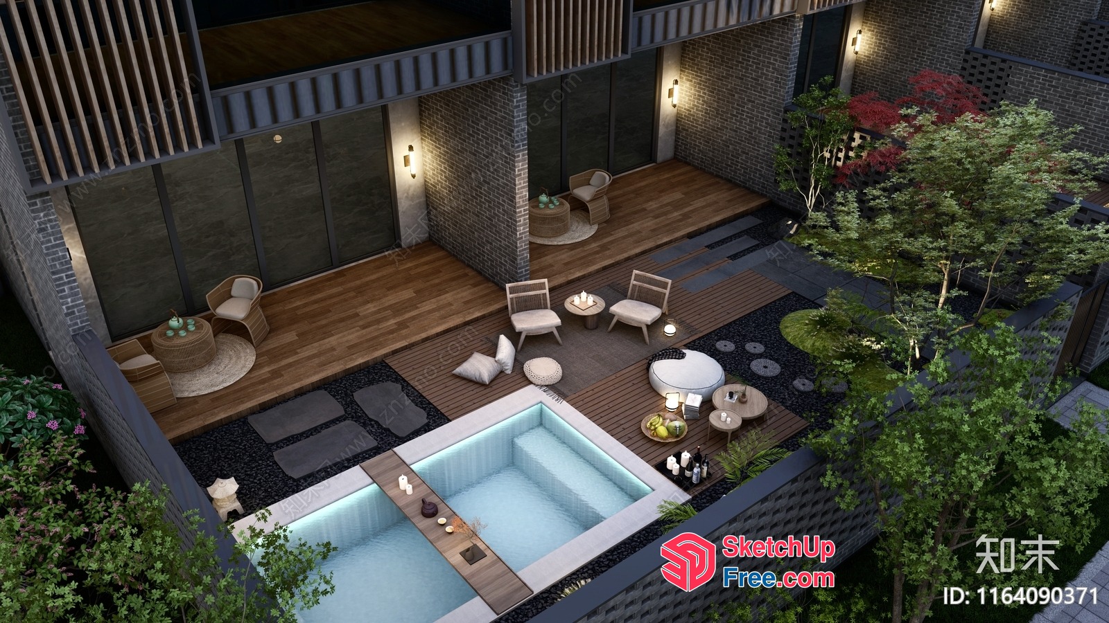 Modern Japanese-Inspired Courtyard With Hot Tub And Outdoor Seating 3D SketchUp File