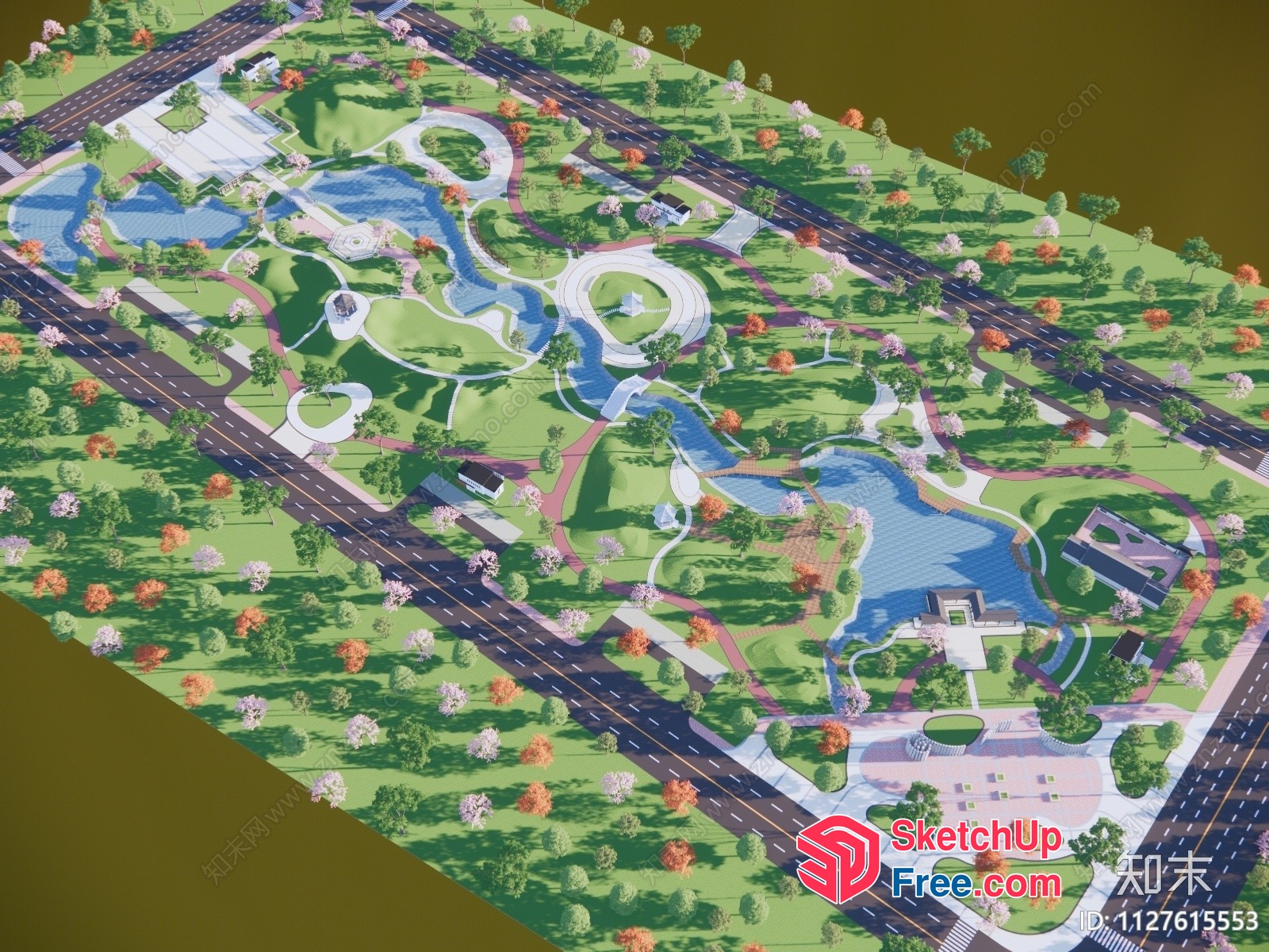 3D Model Of A Park With Roads And Trees 3D SketchUp File