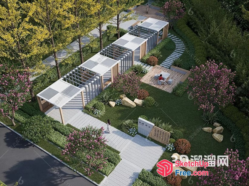 3D Rendering Of A Serene Outdoor Space With A Walkway, Pergola, And Seating Area 3D SketchUp File