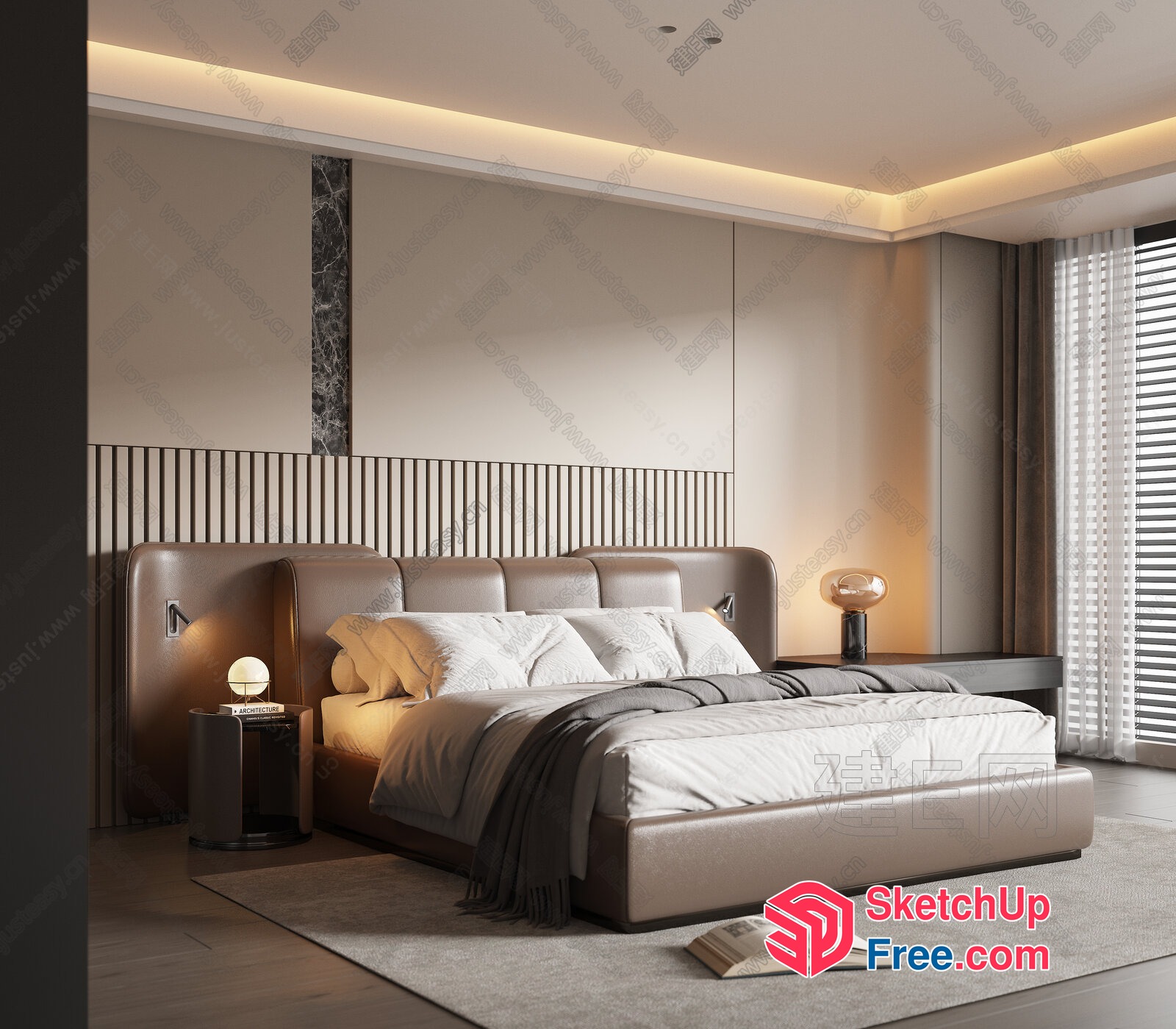 Modern Minimalist Bedroom With Leather Bed And Nightstands 3D SketchUp File