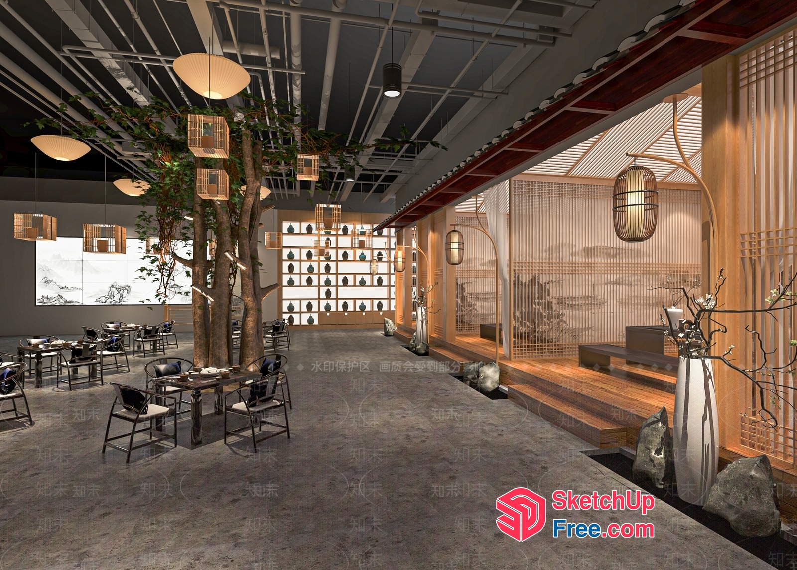 Modern Japanese-Inspired Restaurant Interior With Natural Elements 3D SketchUp File