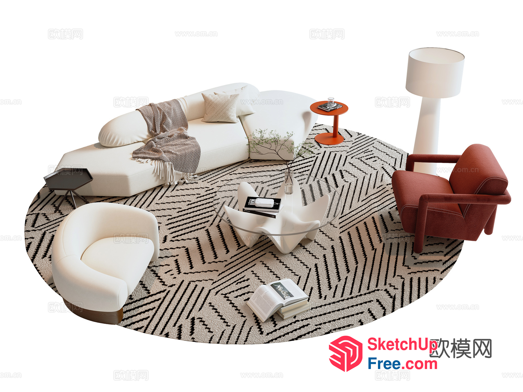 Modern Living Room With White Sofa And Patterned Rug 3D SketchUp File