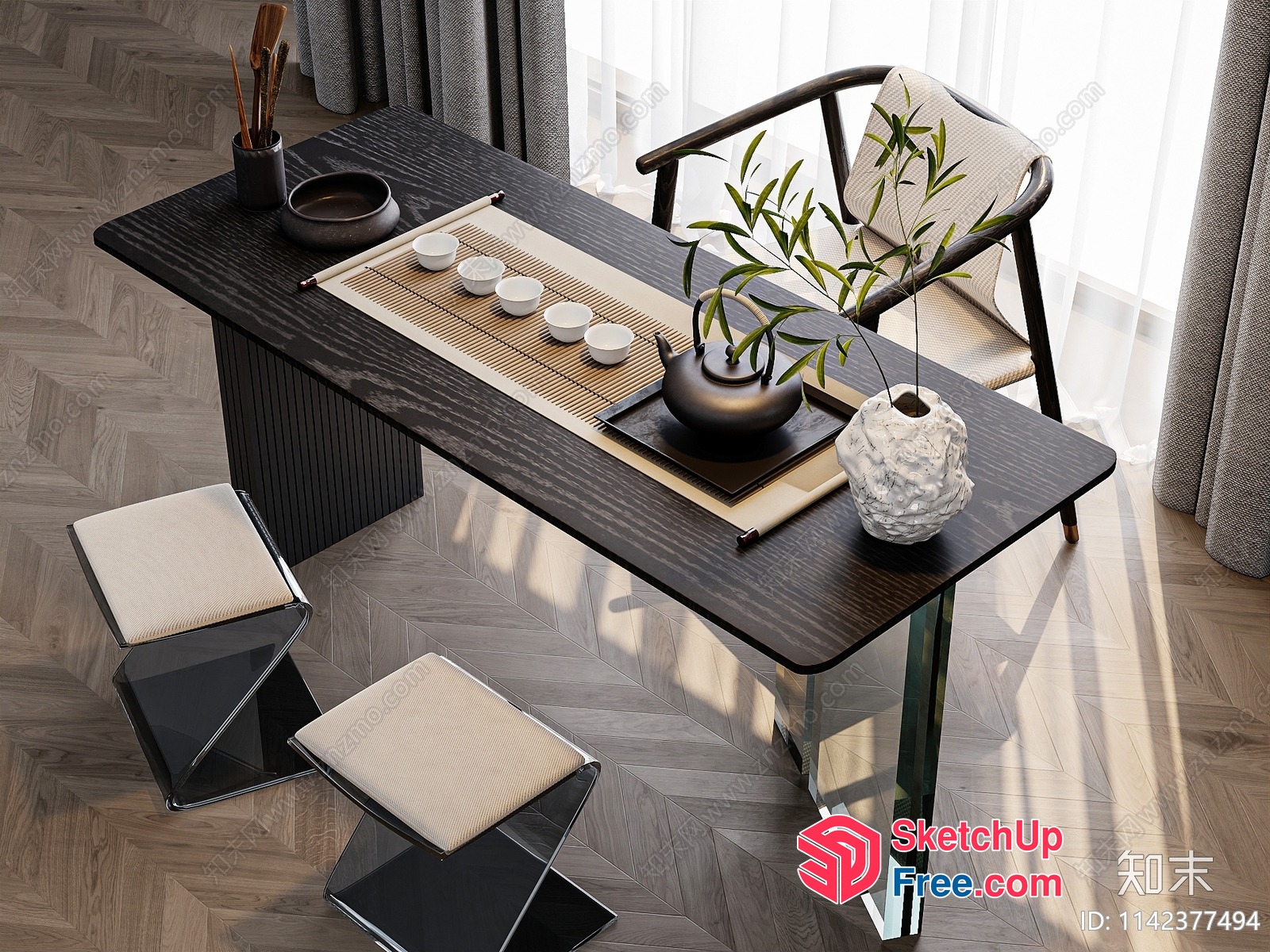 Modern Asian-Inspired Living Room With Dark Wood Table And Chairs 3D SketchUp File