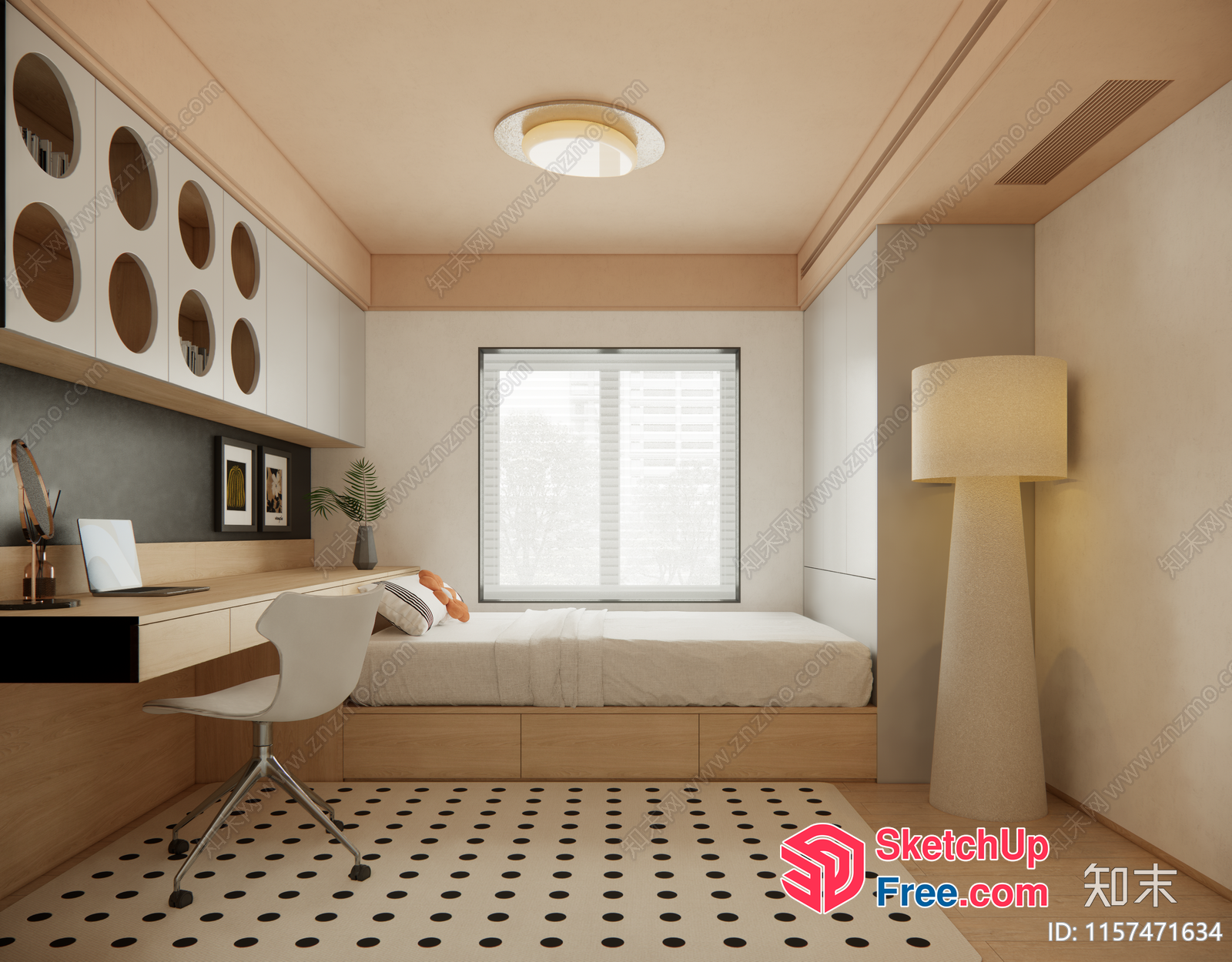 Minimalist Bedroom With Polka Dot Rug And Modern Furniture 3D SketchUp File