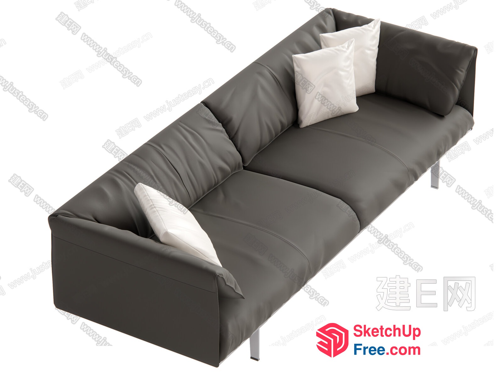 Luxurious Modern Minimalist Gray Leather Sofa With Pillows 3D SketchUp File