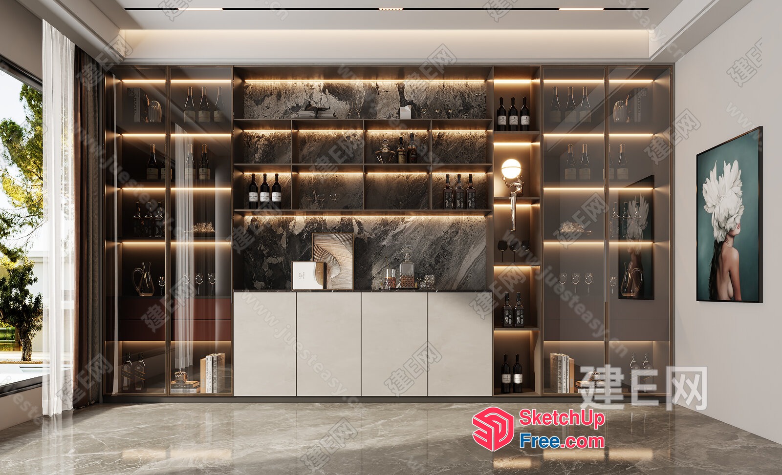 Modern Bar With Glass Cabinet And Marble Backsplash 3D SketchUp File